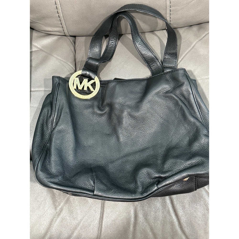 Michael Kors Black Pebbled Leather Shoulder Bag Gold MK Logo Tote Hobo